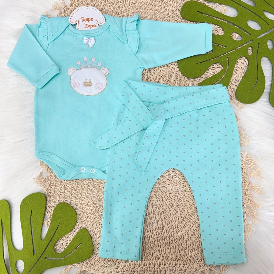 Conj. Body Manga Longa Ursinha com Coroa e Calça Poá- Verde Água